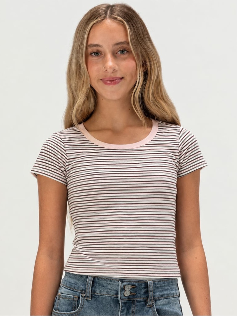 NWOT Full Tilt Girls' Pink Stripe Ringer Tee - Girls Medium (10/12)
